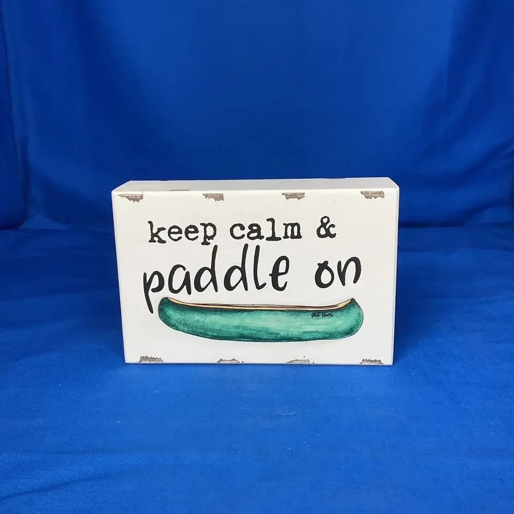 Keep Calm & Paddle On Wooden Block Sign Green Canoe Cabin Lake House Decor